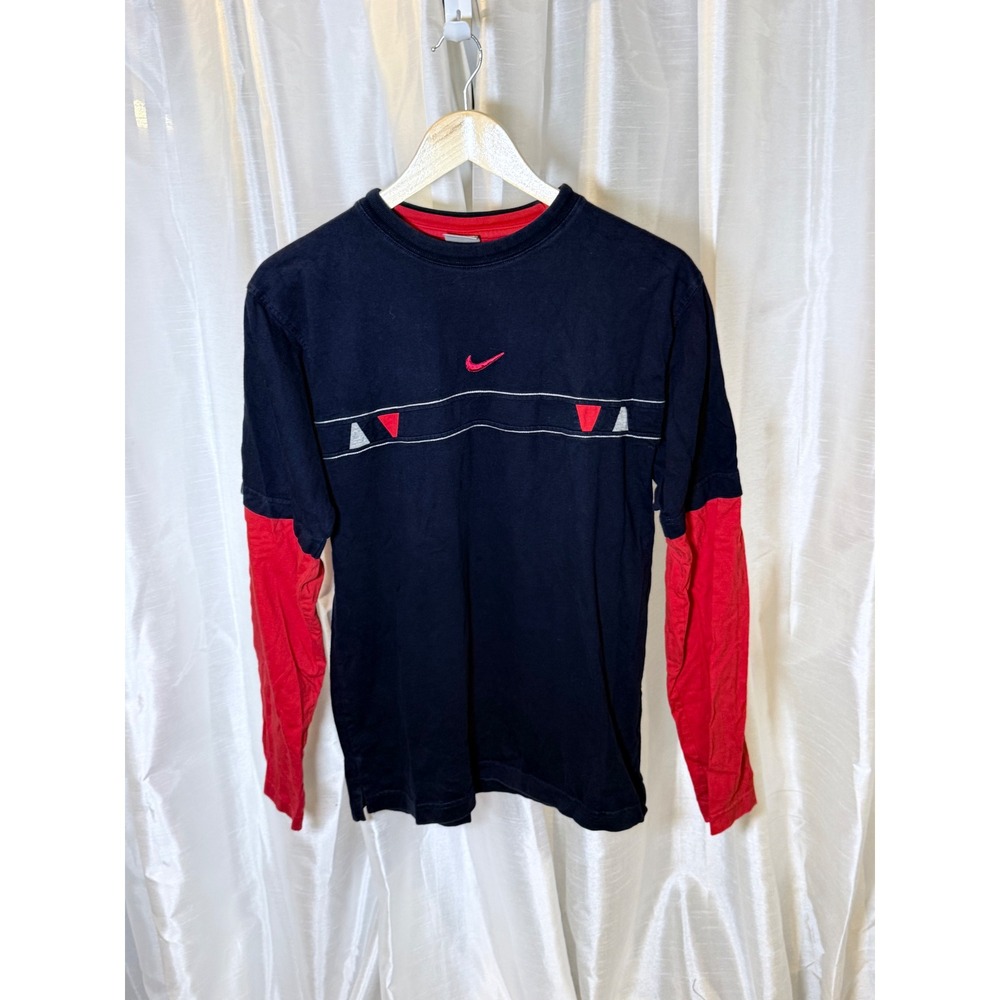 Nike Long Sleeve Shirt Mens Large Navy Red Layered Swoosh Vintage 90s